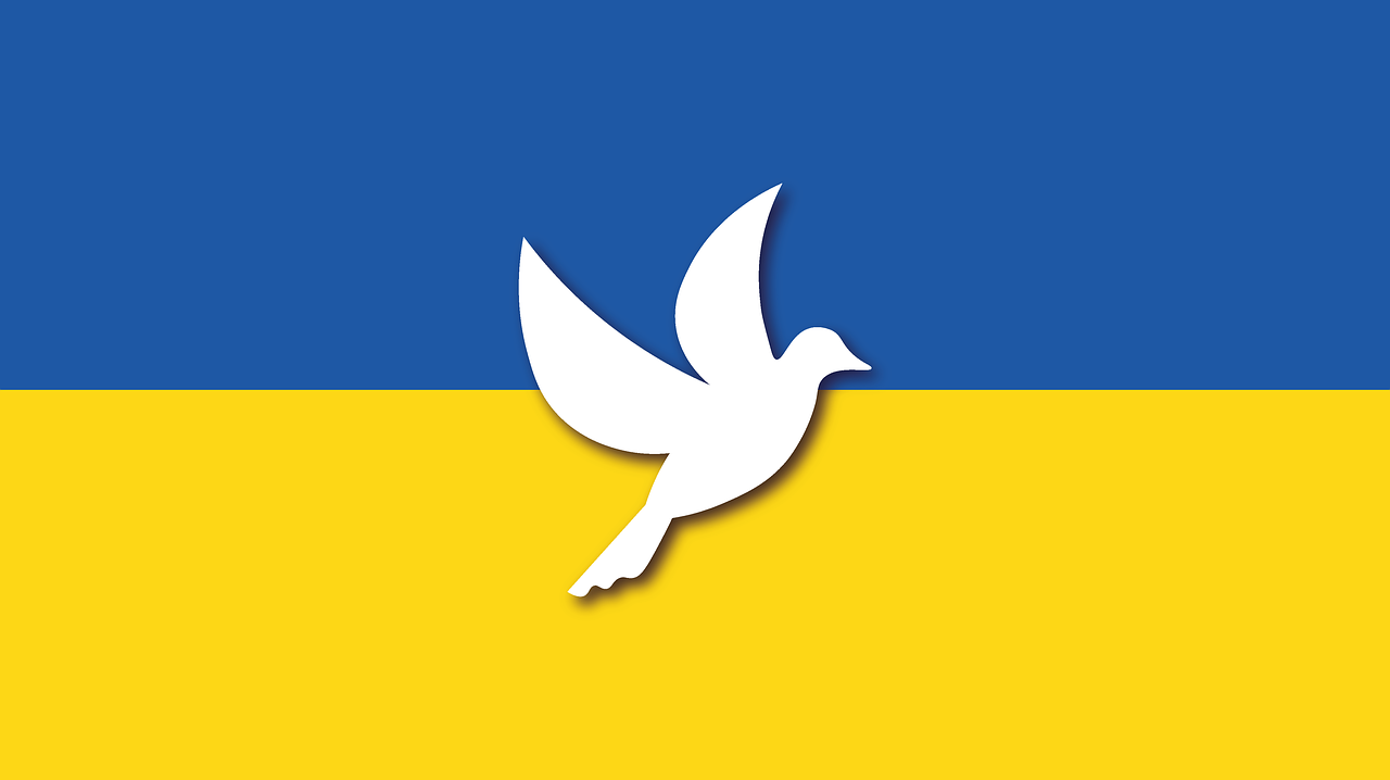 Das Bild zeigt die Flagge der Ukraine mit Friedenstaube