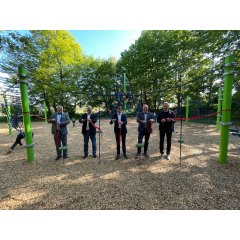 Es ist vollbracht - Gemeinsam eröffneten sie den neuen Spielplatz v.l.n.r.: Tobias Hermanns (Geschäftsführer S-Immo.Region Aachen), Detlef Knehaus (Vorsitzender Jugendhilfeausschuss), Bürgermeister Dr. Benjamin Fadavian und Michael Heins (Geschäftsführer Heins Wohnungsbau) 