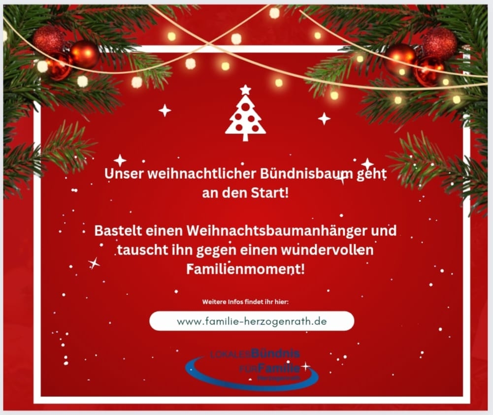 Weihnachtsbaum auf rotem Hintergrund mit der Beschreibung des Projekts: Basteln Sie ein Stück Weihnachtsbaumschmuck und tauschen Sie es am Weihnachtsbaum im Rathausfoyer ein gegen besondere Familienmomente