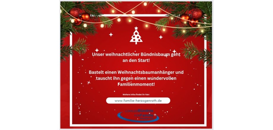Weihnachtsbaum auf rotem Hintergrund mit der Beschreibung des Projekts: Basteln Sie ein Stück Weihnachtsbaumschmuck und tauschen Sie es am Weihnachtsbaum im Rathausfoyer ein gegen besondere Familienmomente