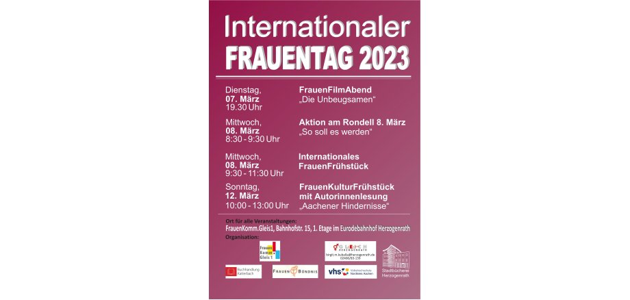 Das Plakat liefert einen Überblick über alle Aktionen des diesjährigen Frauentags in Herzogenrath