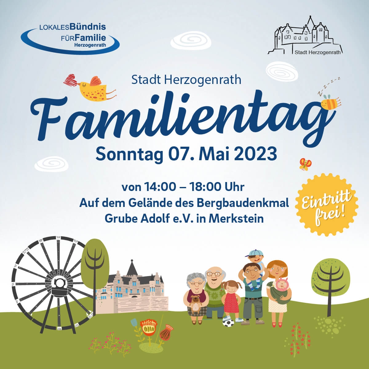Flyer Familientag 7. Mai 2023 von 14 bis 18 Uhr - Grube Adolf - Eintritt frei