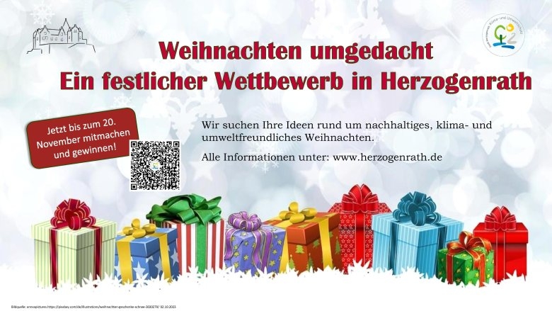 Abgebildet sind Geschenke sowie ein weiterführender QR-Code mitsamt Überschrift des Wettbewerbs und dem Logo der Herzogenrather Abteilung für Umweltarbeit