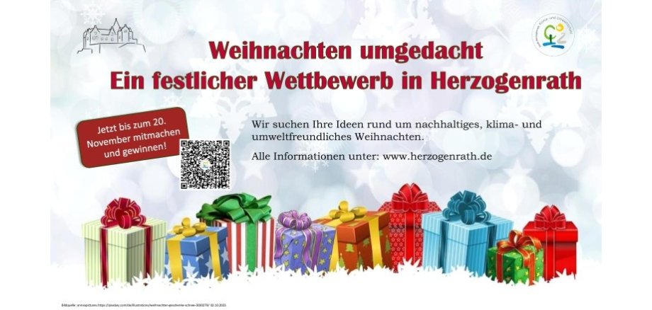 Abgebildet sind Geschenke sowie ein weiterführender QR-Code mitsamt Überschrift des Wettbewerbs und dem Logo der Herzogenrather Abteilung für Umweltarbeit