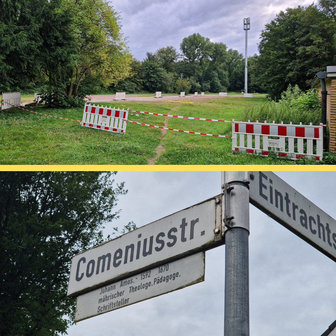 Bauvorbereitung für Flüchtlingsunterkunft Comeniusstraße & Straßenschild