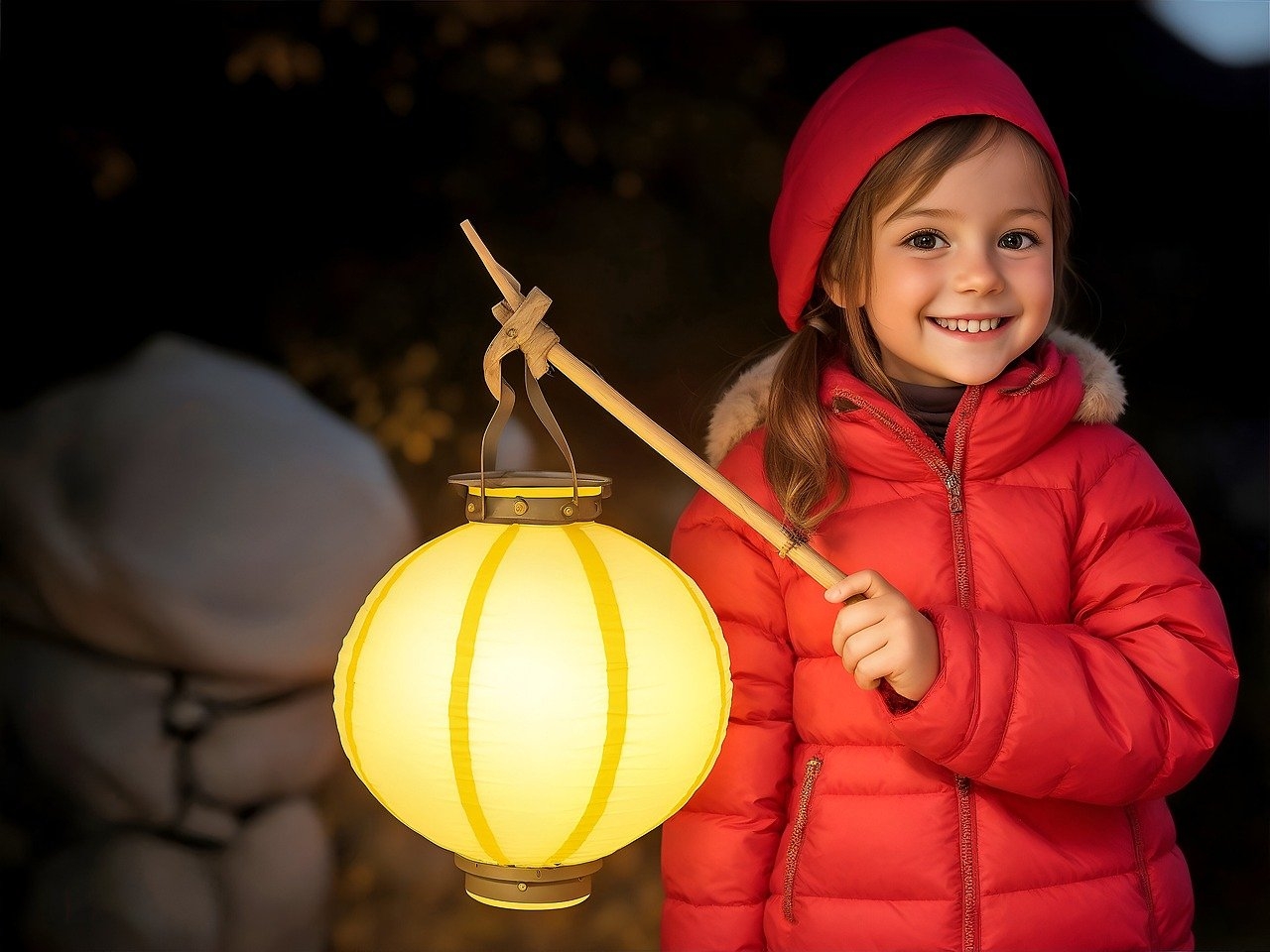 Ein KI-generiertes Bild eines Kindes mit einer Laterne