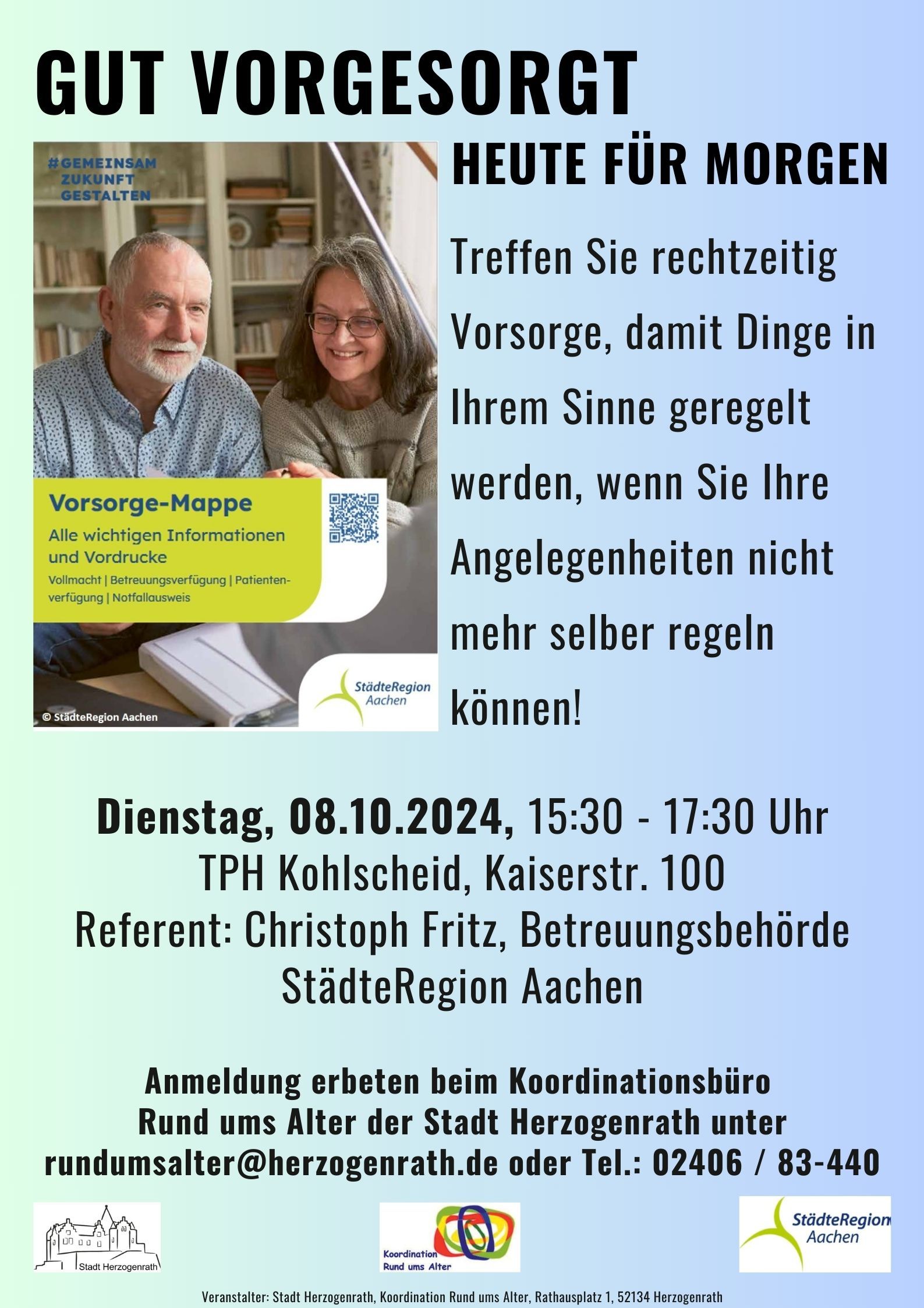 Plakat Vortrag zum Thema Vorsorge am 8. Oktober in Kohlscheid