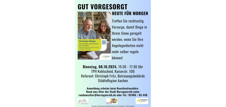 Plakat Vortrag zum Thema Vorsorge am 8. Oktober in Kohlscheid