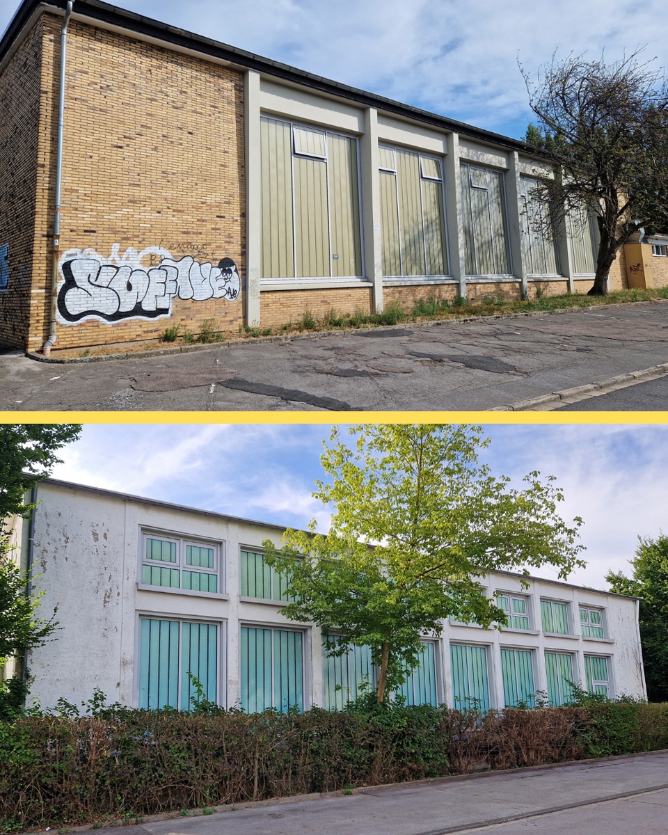 Turnhalle An der Waidmühl in Alt-Merkstein (oben) und Turnhalle Geilenkirchener Straße (unten)