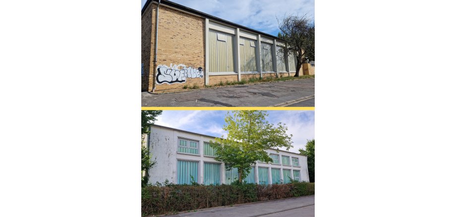 Turnhalle An der Waidmühl in Alt-Merkstein (oben) und Turnhalle Geilenkirchener Straße (unten)