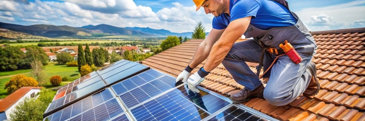 Sanierung Fotovoltaik auf Dach Sanierung Fotovoltaik durch Arbeiter auf Dach