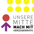Logo mit einem Pfeil mehreren Kreisen und dem Schriftzug Unsere Mitte macht mit Herzogenrath