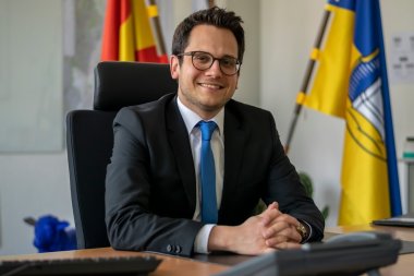 Bürgermeister Dr. Benjamin Fadavian am Schreibtisch mit Fahnen