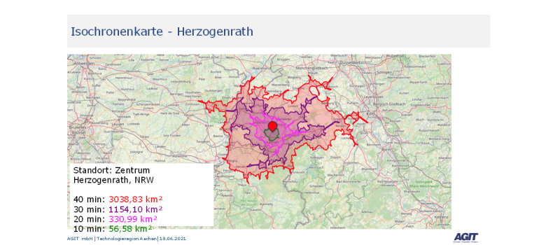 Die Grafik zeigt die Isochronenkarte des Stadtgebietes Herzogenrath