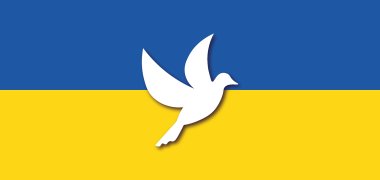 Das Bild zeigt die Flagge der Ukraine mit Friedenstaube