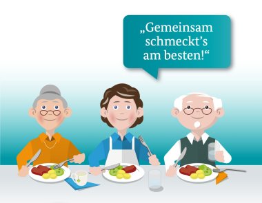 Gemeinsam schmeckts am besten, 3 ältere Leute sitzen essend am Tisch